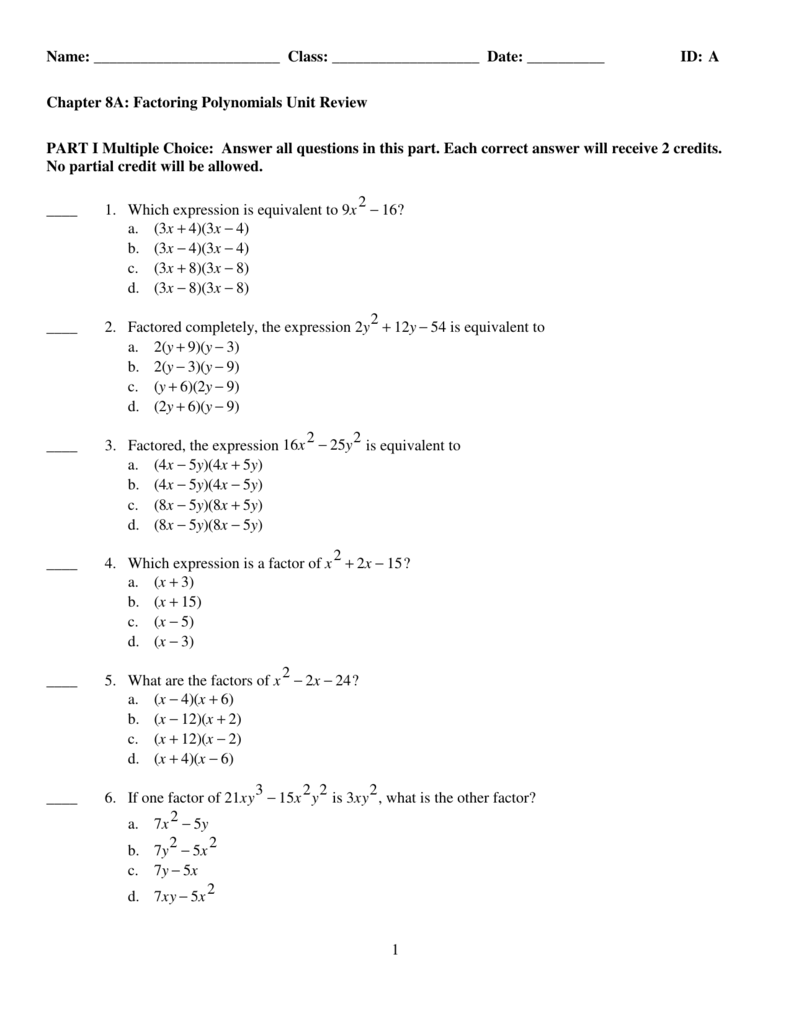 ExamView Factoring Unit Review tst