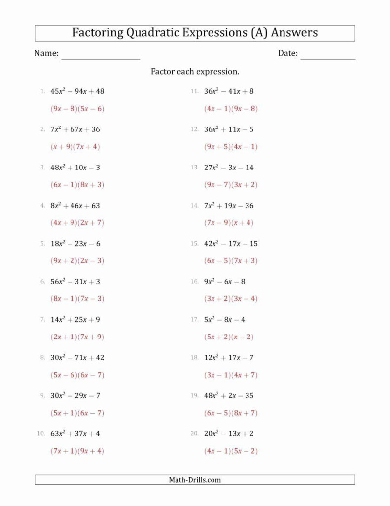Factoring Quadratic Expressions Worksheet Answers WERT SHEET