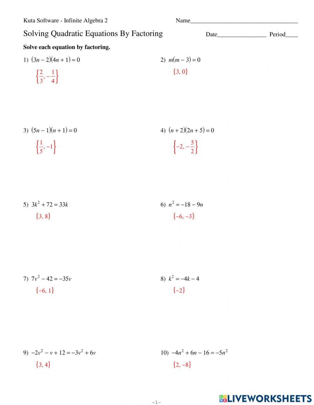 Quadratic Equations Worksheet Quadratic Equations Worksheet