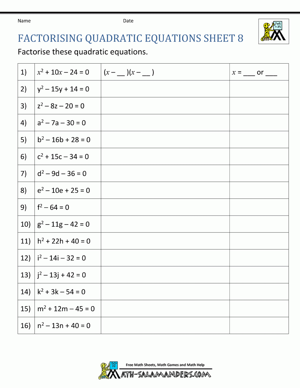 Factoring Quadratic Equations Factoring Quadratic Equations