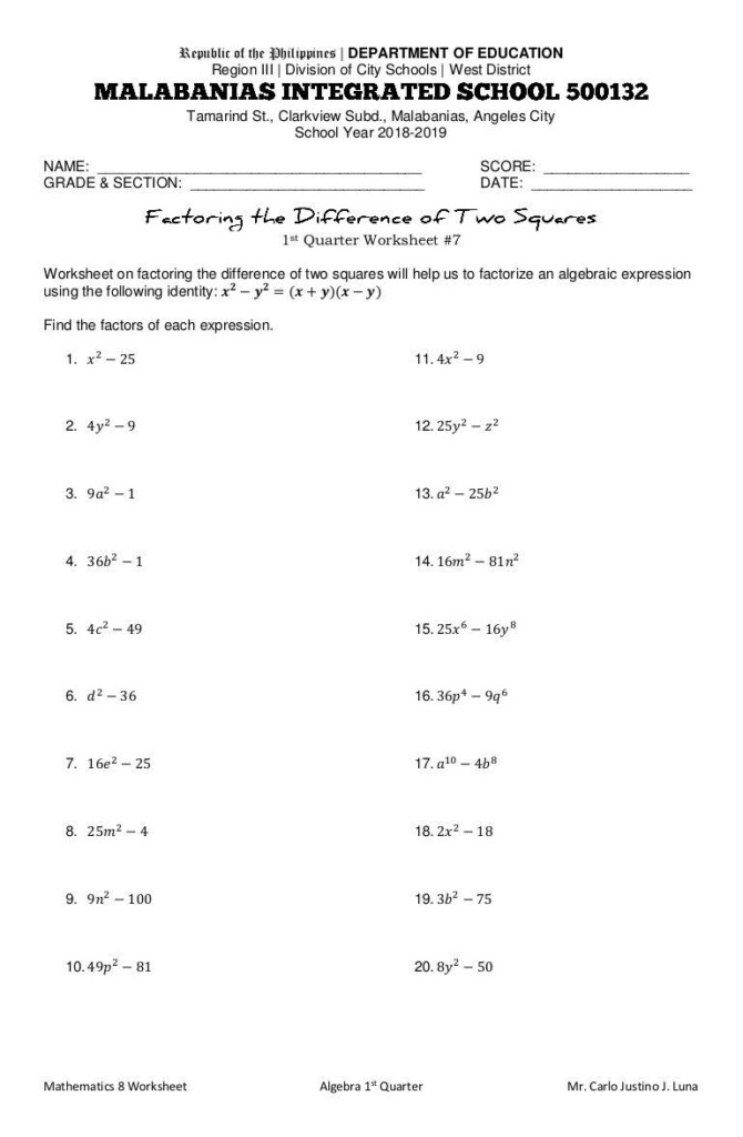 Factoring Quadratic Expressions Worksheet Answers WERT SHEET