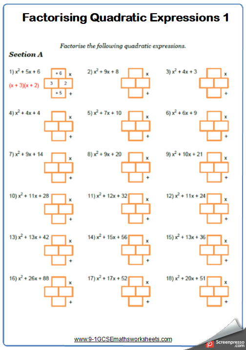 Factorising Quadratics Worksheets Practice Questions And Answers