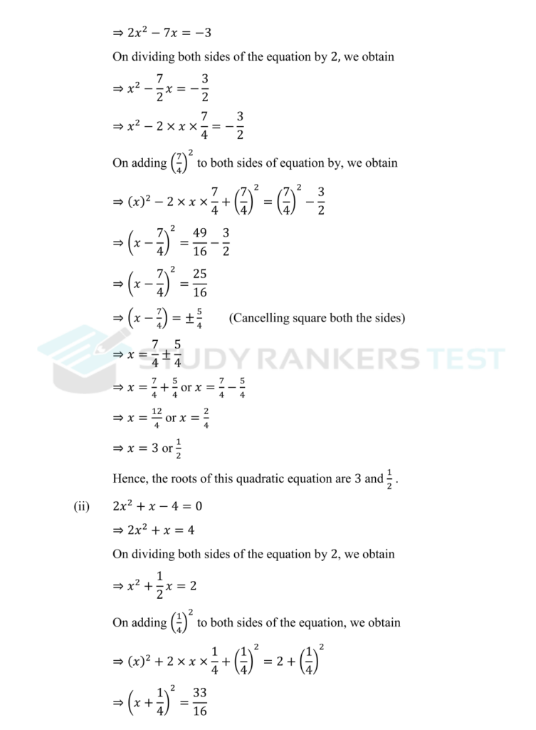 NCERT Solutions For Class 10 Maths Chapter 4 Quadratic Equations