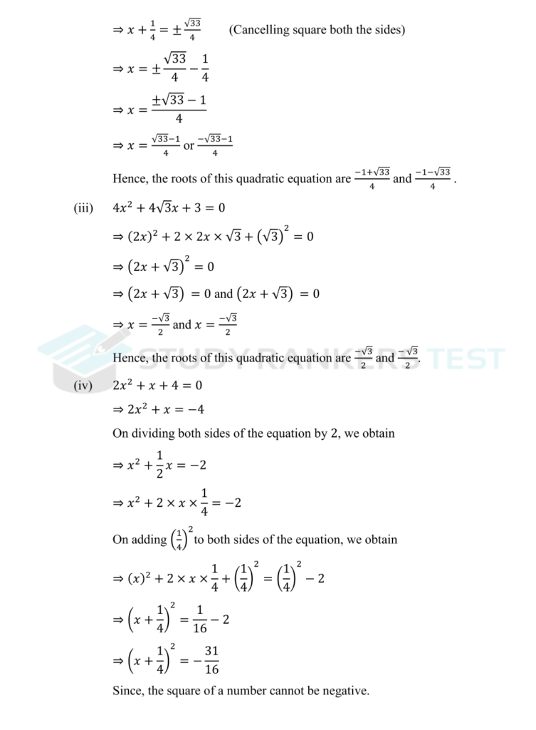 NCERT Solutions For Class 10 Maths Chapter 4 Quadratic Equations