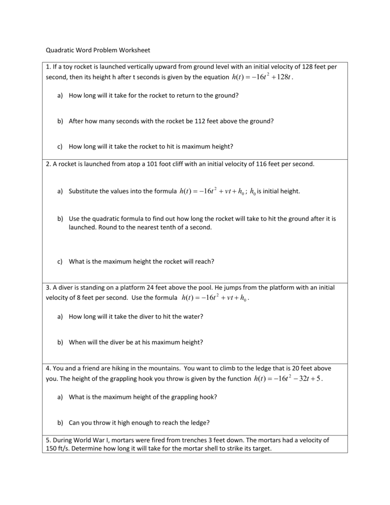 Quadratic Equation Word Problems Worksheet Doc Makeflowchart