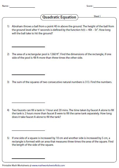 Word Problems Involving Quadratic Equations Word Problem Worksheets