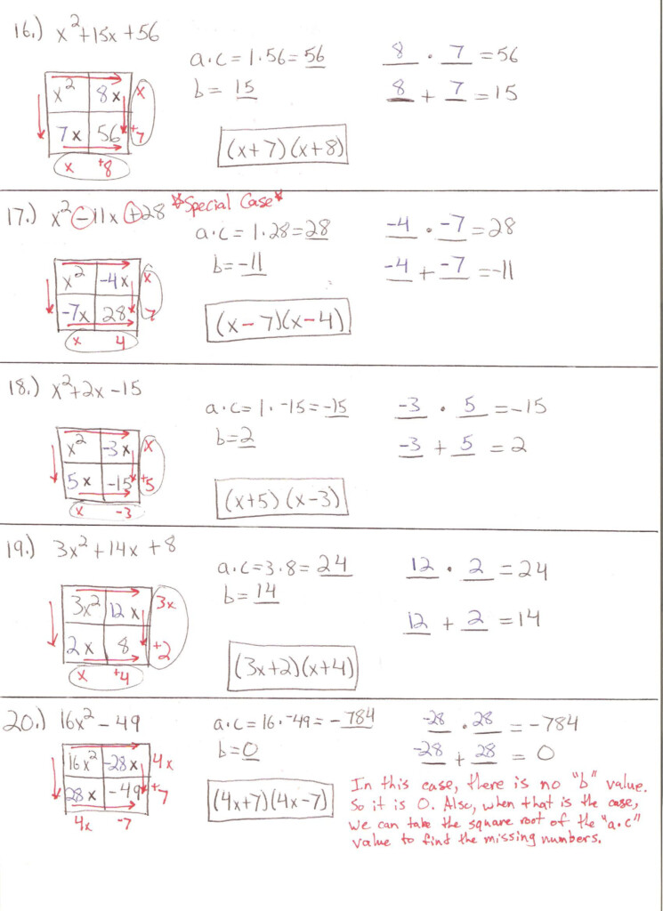 Algebra 2 Solving Quadratic Equations By Factoring Worksheet Answers 