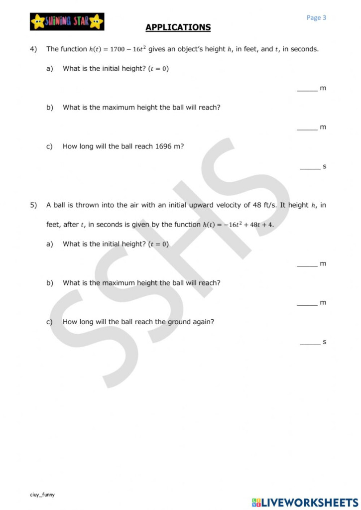 Applications Quadratic Functions Worksheet
