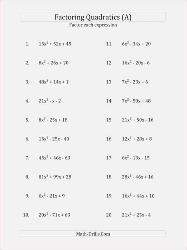 Factoring Ax2 Bx C Worksheet