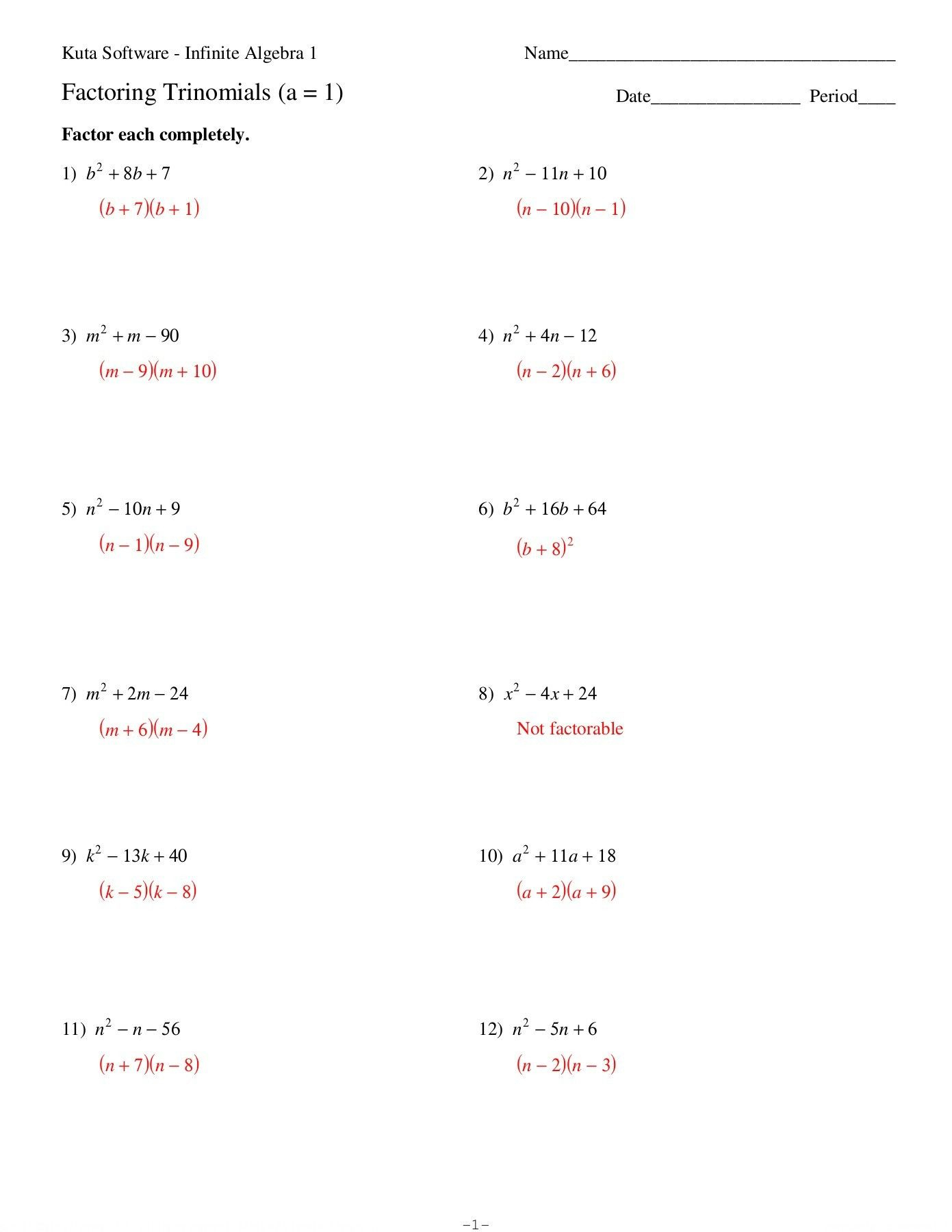 Factoring Worksheet Algebra 1 Factoring Trinomials A 1 Date Period Factoring Worksheet Algebra 1 Factoring Trinomials A 1 Date Period