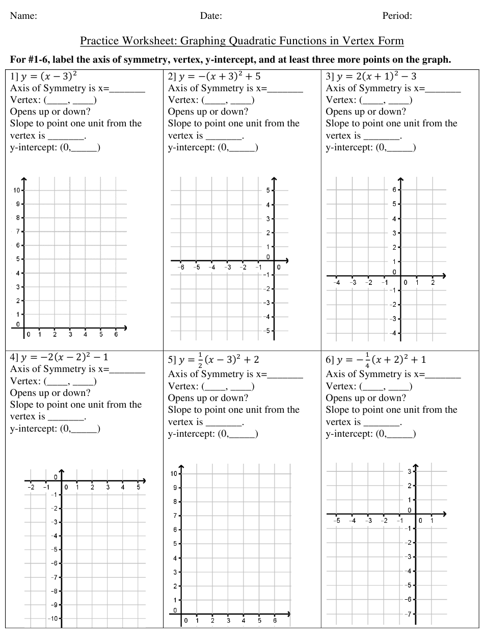 Graphing Quadratic Functions In Vertex Form Practice Worksheet With