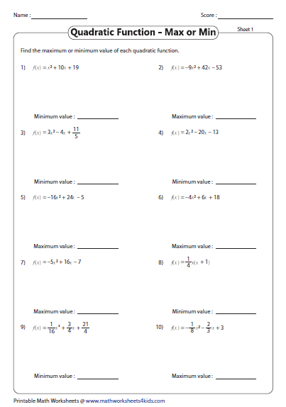 Maximum Or Minimum Value Of A Quadratic Function Quadratics
