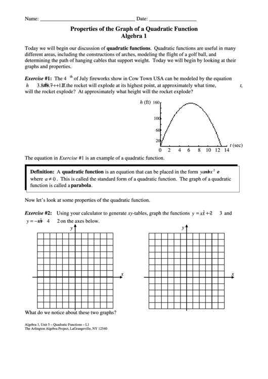 Properties Of The Graph Of A Quadratic Function Worksheet Printable Pdf 