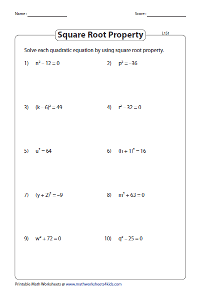 Quadratic Equation Worksheets