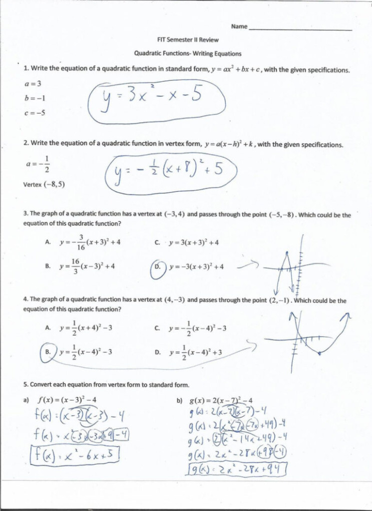 Quadratic Function Quiz Answer Key Db excel