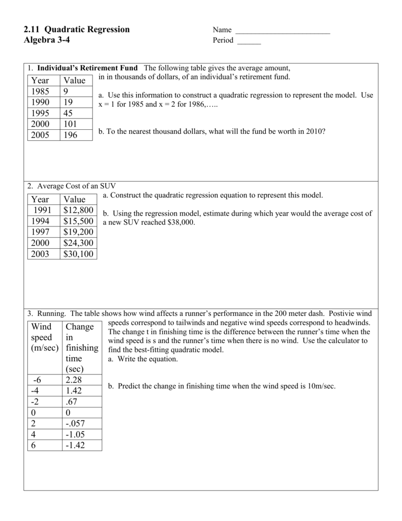 Quadratic Regression Worksheet Regression Using Google Sheets
