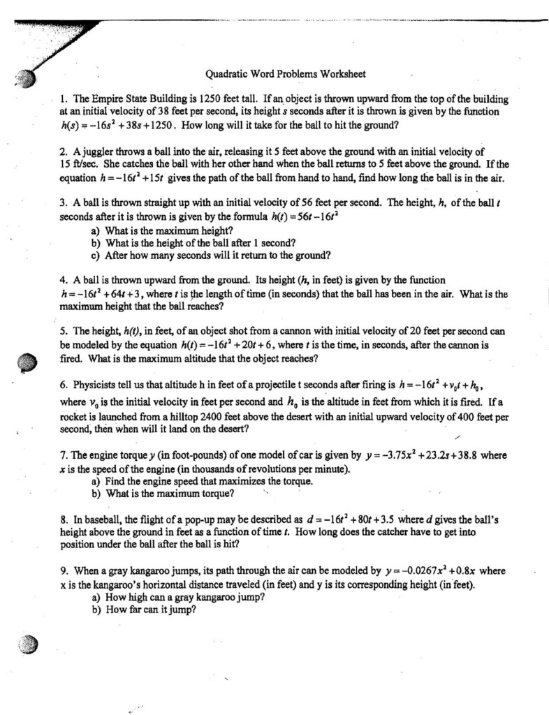 Quadratic Word Problems Worksheet