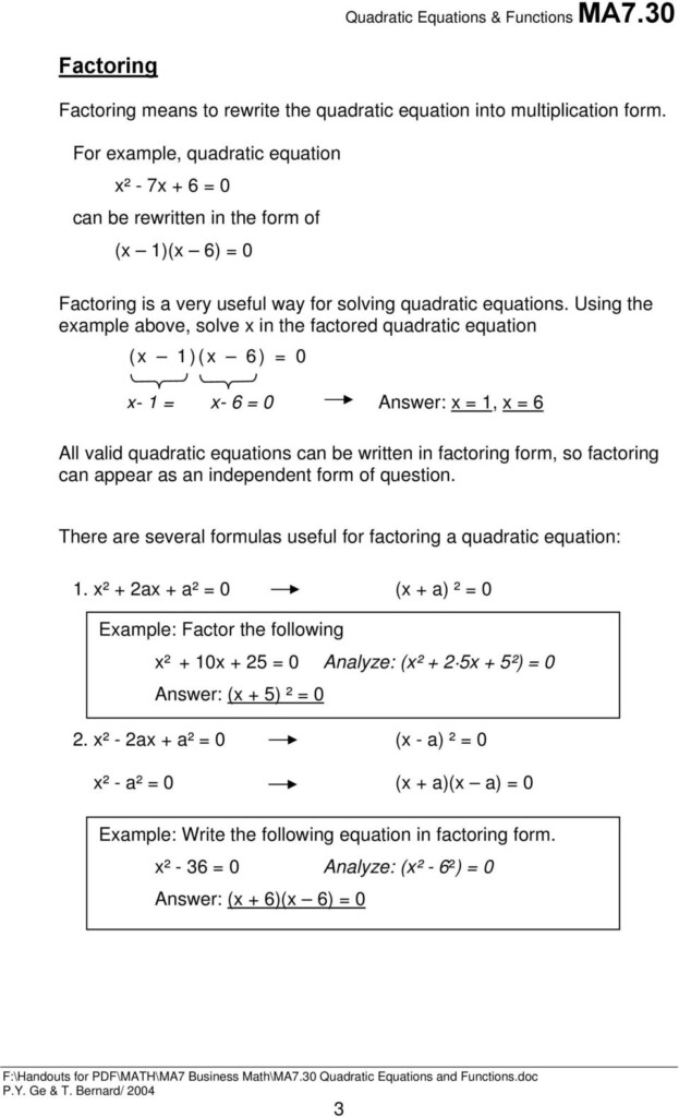 Quadratic Word Problems Worksheet