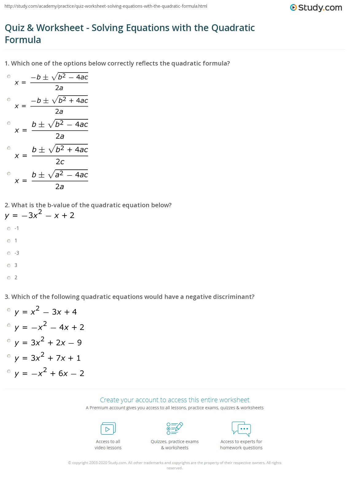 Quiz Worksheet Solving Equations With The Quadratic Formula Study Quiz Worksheet Solving Equations With The Quadratic Formula Study