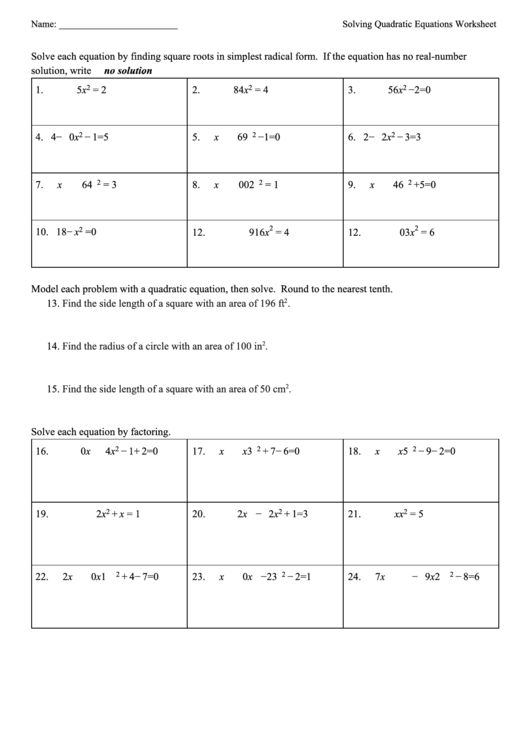 Solving Quadratic Equations Review Worksheet Pdf Equations Worksheets