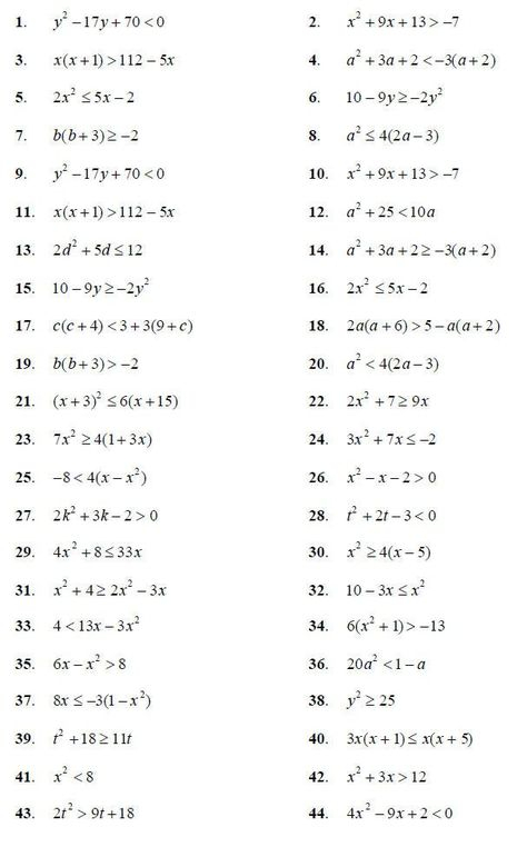 Solving Quadratic Inequalities Worksheet